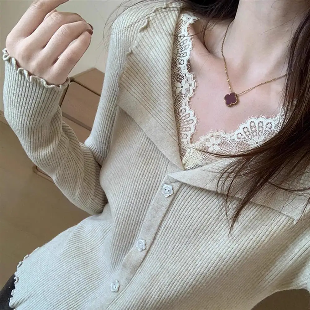Korean Style V-Neck Lace Knitwear Long Sleeve Women's Inner Wear Top Soft Stretchy Gentle Style Wooden  Detailing