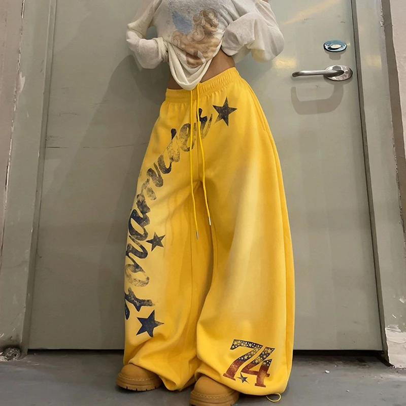 Trendy Yellow Women Wide Leg Pants Drawstring High Waist Baggy Letter Star Graphic Streetwear Y2K Hip Hop Dance Trousers