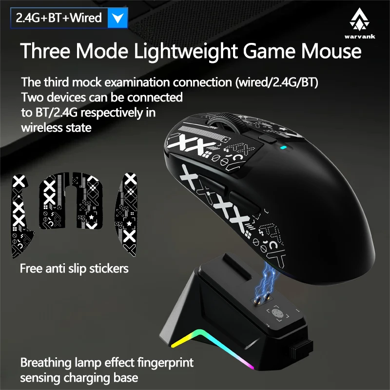 

Трехрежимная игровая мышь V16, зарядная база 22000 точек на дюйм, 55 г, легкая проводная/Bluetooth/беспроводная мышь PAW3311