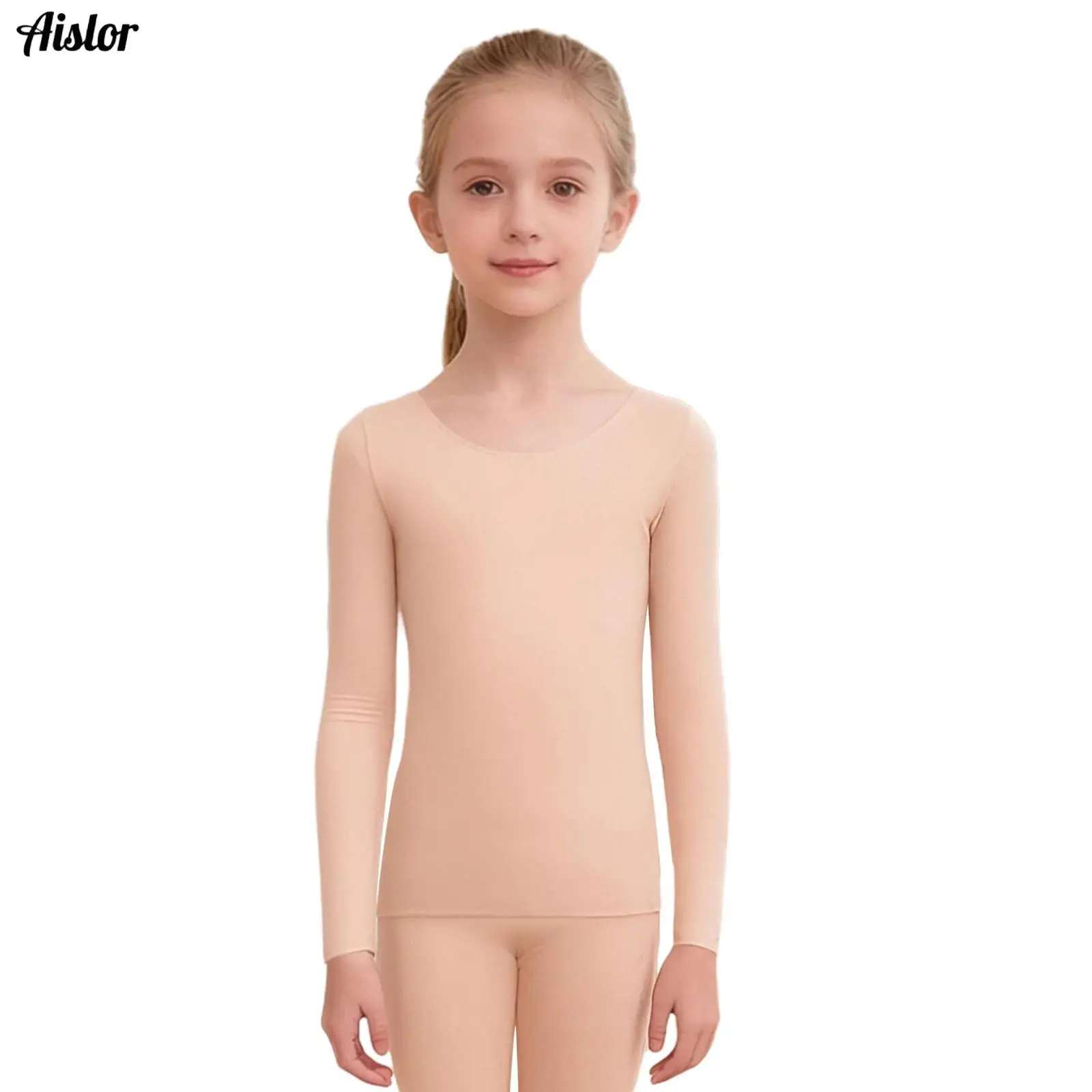 

Kids Girls Seamless Thermal Underwear Tops Ballet Dance Practice Warm Up Costume Round Neck Long Sleeve Pullover Top Undershirt