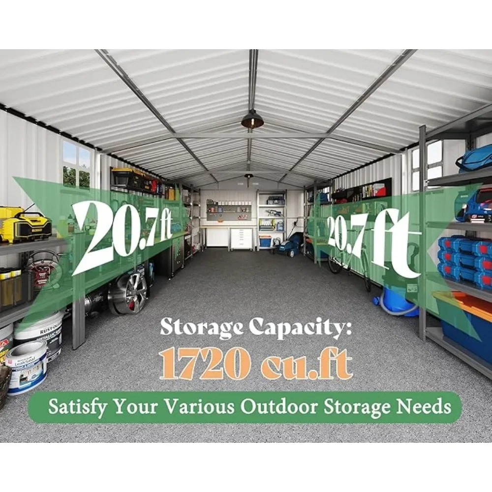 سقيفة تخزين خارجية كبيرة مقاس 13.2 × 21 × 8 قدم، سقيفة جراج معدنية ضخمة مع بابين بمفصلات مزدوجة و4 نافذة، ومنافذ لدراجة شاحنة السيارة