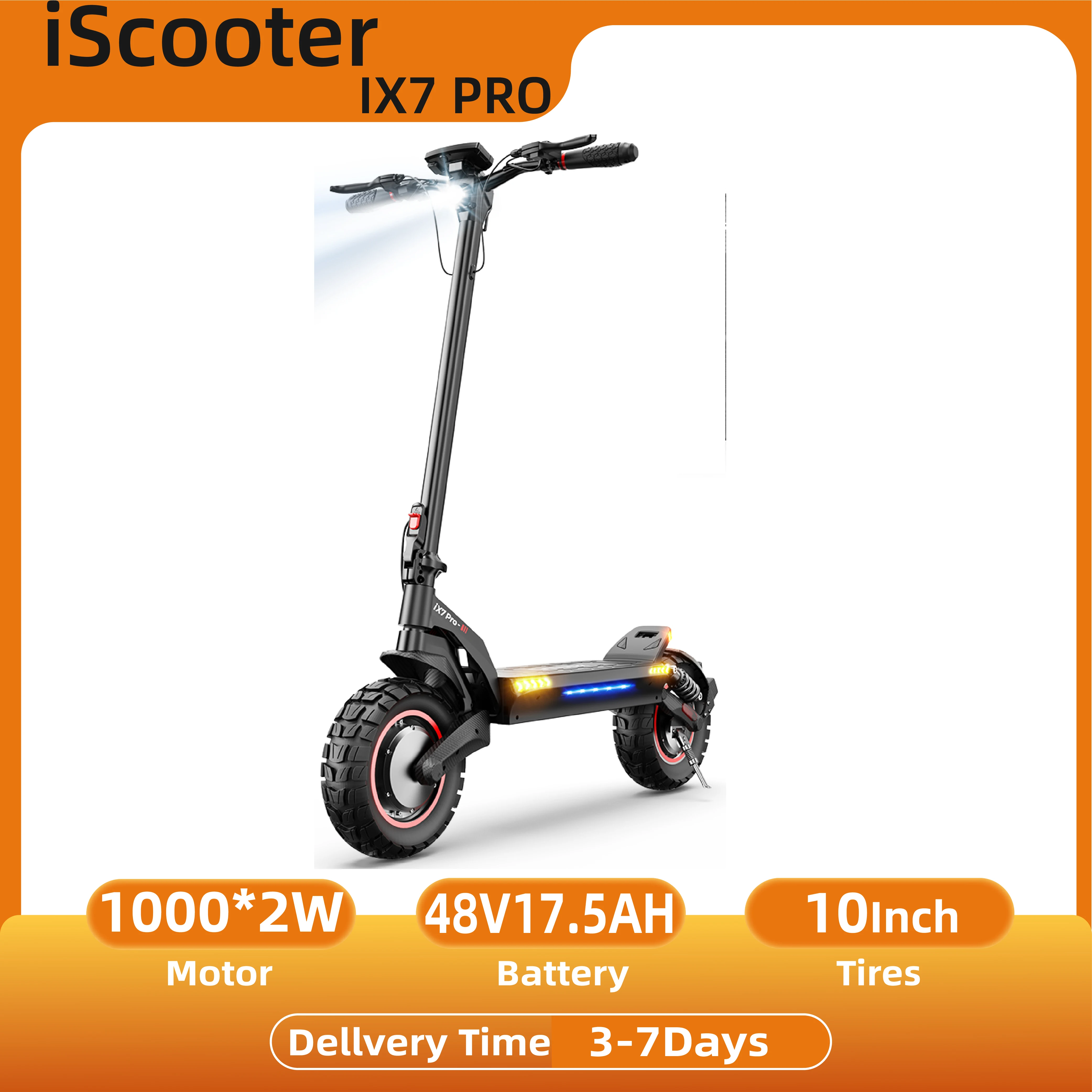 Trottinette électrique tout-terrain iScooter iX7Pro avec pneus de 10 pouces, double moteur 1000W*2, batterie 48V17.5Ah, vitesse 60 km/h et application mobile.