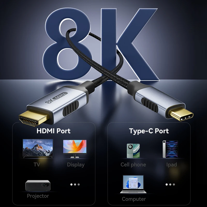 كابل USB C إلى HDMI 8K 4K من النوع C إلى HDMI 2.1 8K 60hz 4K60hz 6.6FT 48GbpsHDR HDCP لـ Thunderbolt 4/3، iPhone 16/15 Pro Max Galaxy