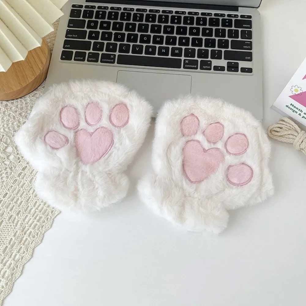 Fuzzy Polyester Fuzzy Half Finger Gloves Thick One Size Warm Winter Gloves Cold Proof Bear Paw Gloves Writing