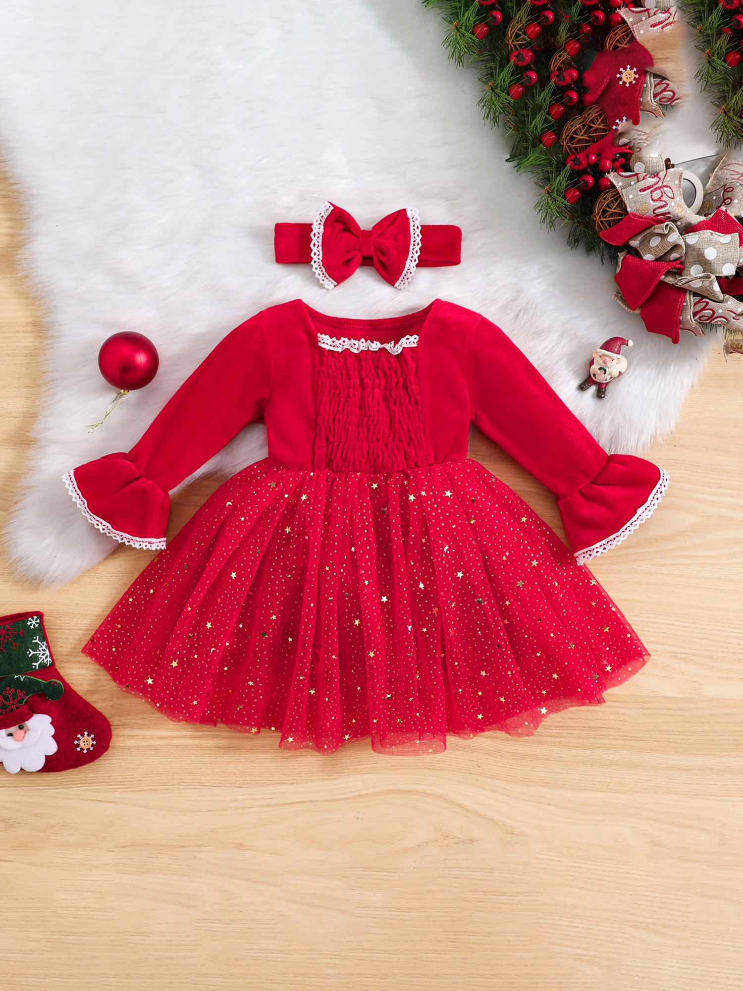 

Girls Christmas Dress with Sparkling Sequins and Tulle Layers Long Sleeve Party Dress with Headband and Lace Trim