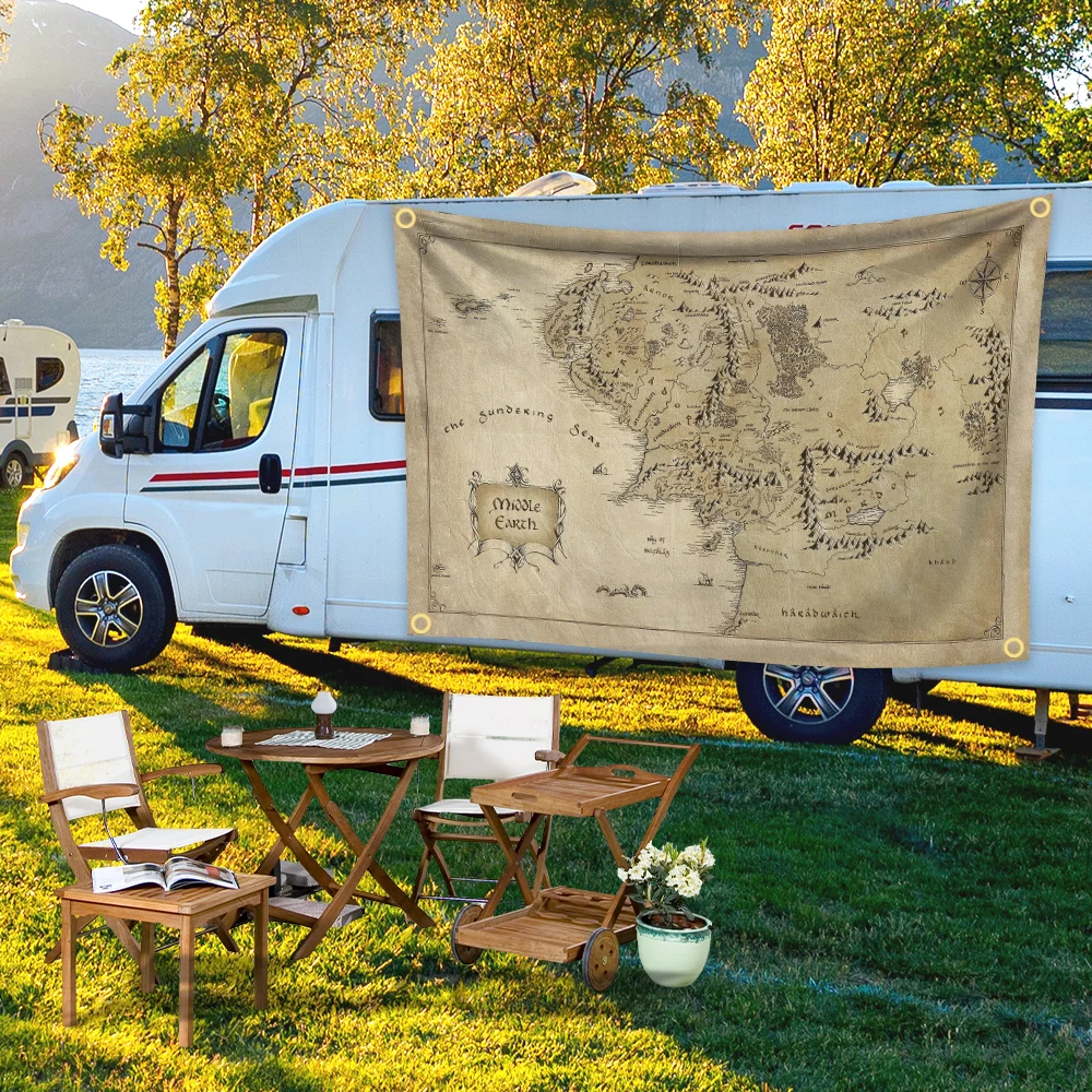 Wandteppich mit Karte von Mittelerde und Flagge – Herr der Ringe Wandbehang 60x90cm 90x150cm für Wohnheimdekoration Doppelte Penetration