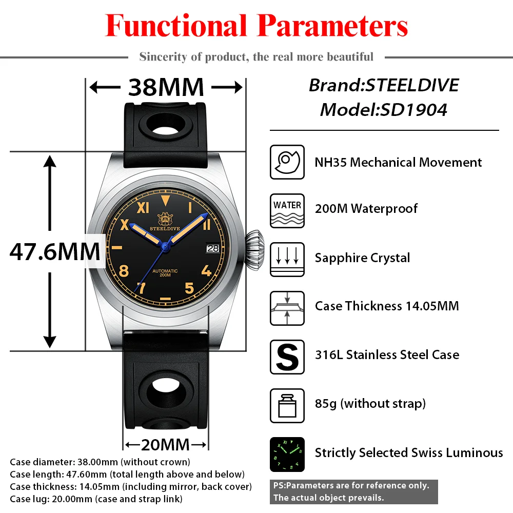 STEELDIVE SD1904 Luxury Mechanical Watch 200M Waterproof Big Crown NH35 Movement Swiss C3 Luminous Professional Dive Wristwatch