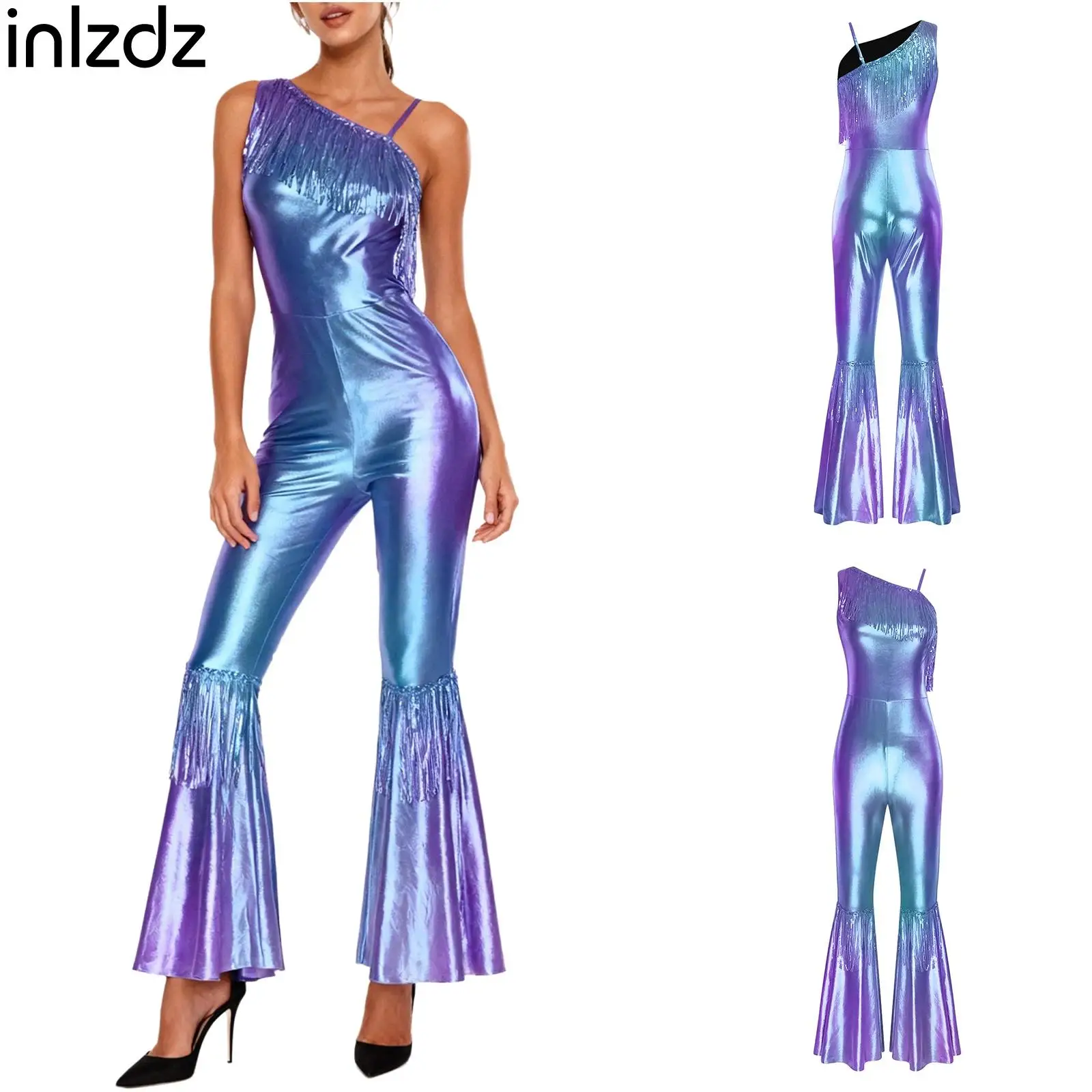 

Adults Women Vintage 80s Disco Dance Costume Jumpsuit Sequin Tassel One Shoulder Shiny Metallic Jumpsuit Party Carnival Clubwear