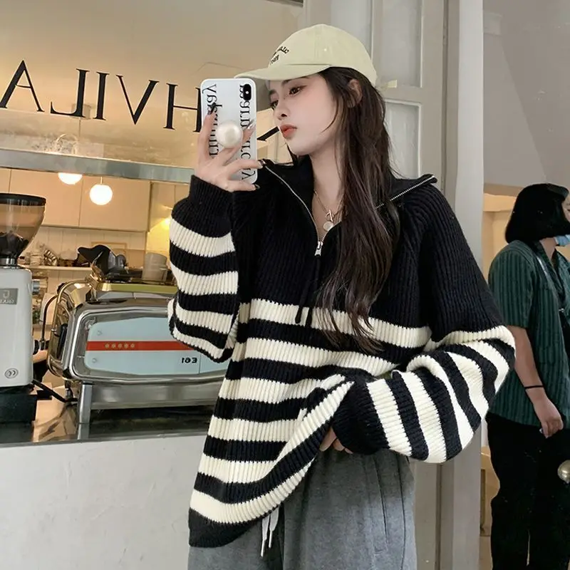 Gentle and Lazy Style Loose Sweater Women's Half High Neck Zipper Striped Pullover Long Sleeved Knitted Sweater Top Coat