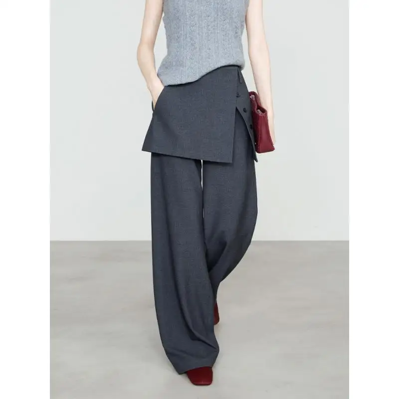 

Maxdutti French Lazy Loose Two-piece Skirt Curtain Pants Woman Clothes Flared Straight Leg Pants Copper Ammonia Wool Gray Pants