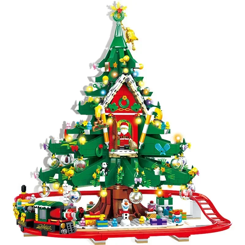 Large Christmas Tree House Building Blocks Toy Sets  With LED Lights Street View Train Model Assembly Bricks Toy for Kids Gifts