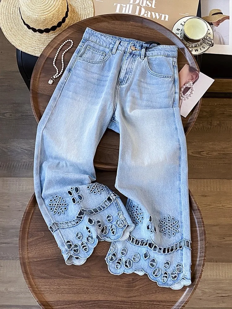 Herbst Frauen Blume Stickerei Aushöhlen Retro Denim Hosen Hohe Taille Streetwear Breite Bein Jeans Lose Fit Beiläufige Lange Hosen