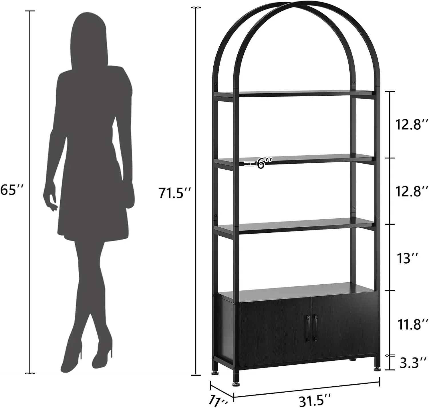Arched Bookshelf, 4-Tier Bookshelf and Bookcase with Doors Storage, 71.5 Inch Tall Open Bookcase for Living Room Bedroom Office