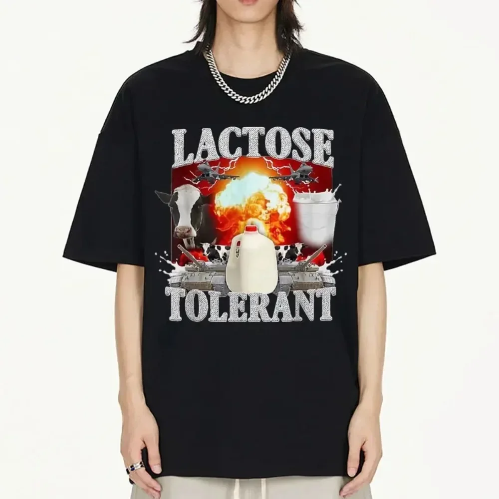 Men's Gothic Retro Style T-shirt Lactose Tolerant Letter Printed Short Sleeve Streetwear Casual Oversized Tee Shirt Men Clothing