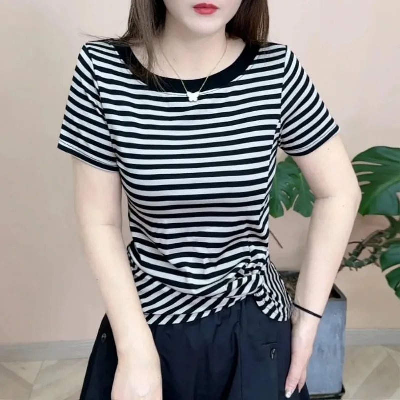 Women Striped Short Sleeve T Shirt Round Neck Irregular Twist Slim Fit Fashion Daily Summer