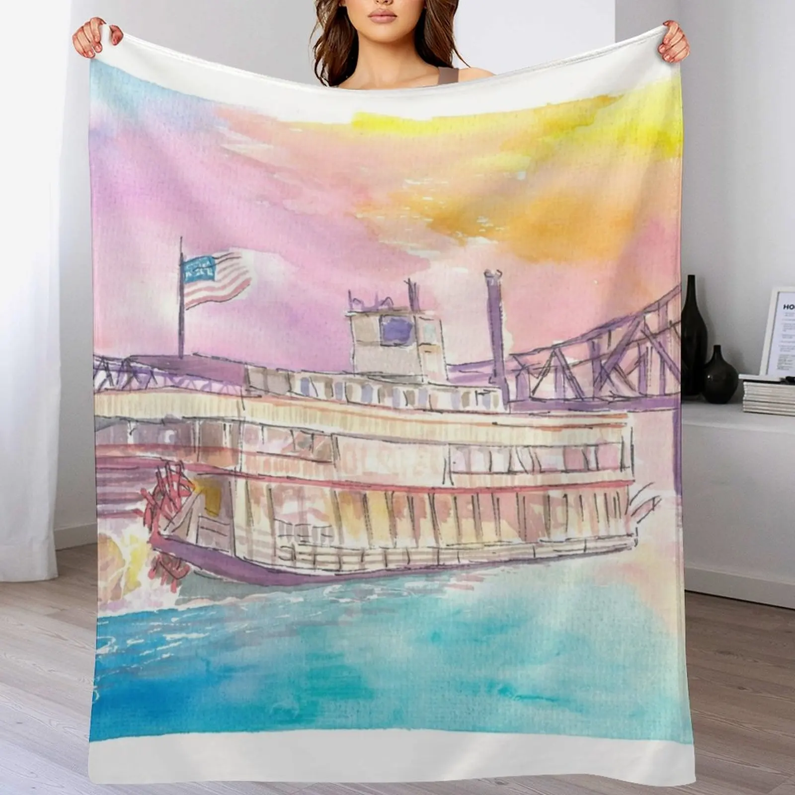

Mississippi Steamboat Cruising on Ol Man River into Sunset Throw Blanket Soft Home Decor Blanket for Couch Bedroom