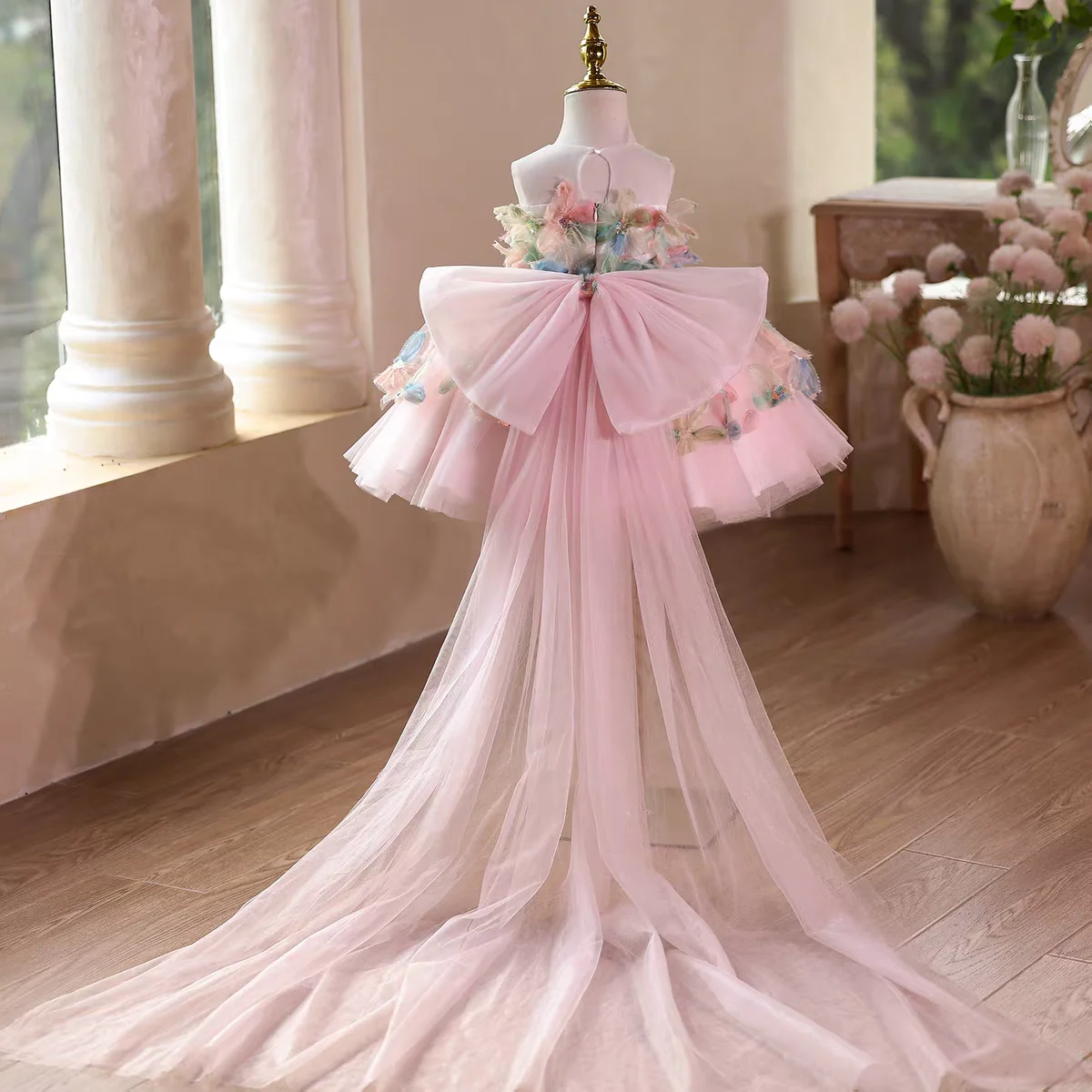 Dreamy Vow D113 Elegante abito da bambina rosa floreale senza maniche in tulle Festival per bambini Festa di compleanno Abito da ballo al ginocchio