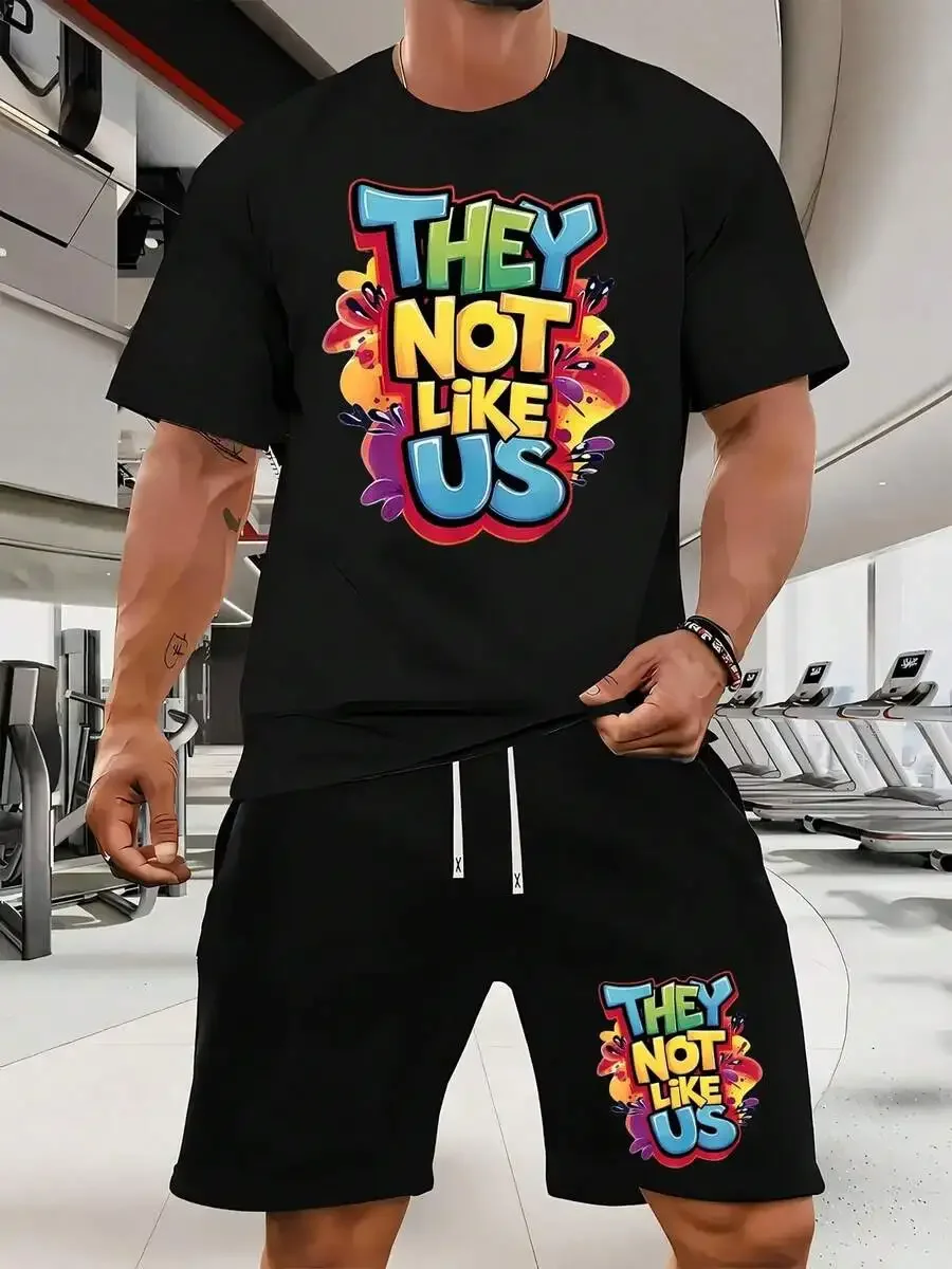 

Mens Matching Graphic Tee And Shorts Set With Vibrant They Not Like Us Splatter Print – Bold Streetwear Casual Two-Piece Outfit