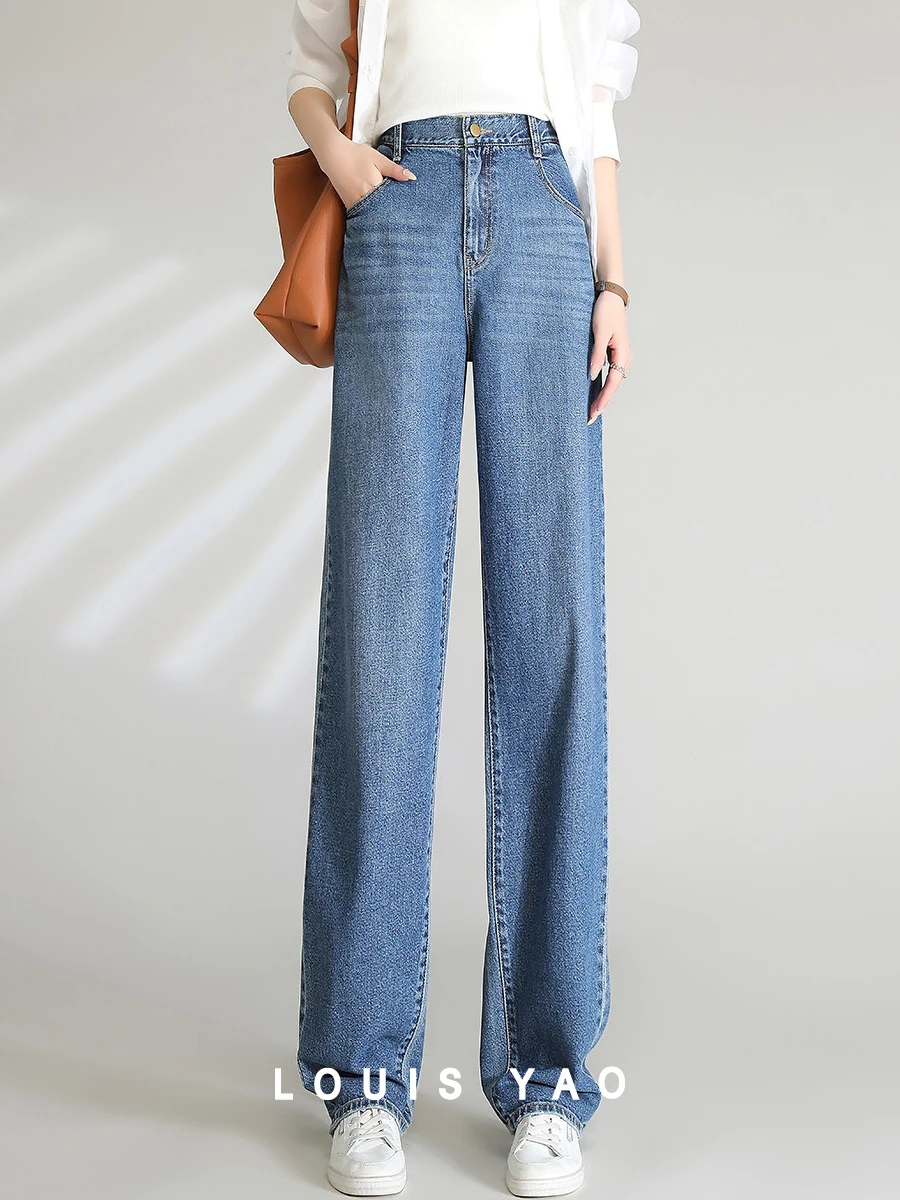 

LOUIS YAO Women Jeans 2024 Spring Straight Loose Fit Wide Leg Denim Pants High Waist 100% Cotton Retro Washed Casual Trousers