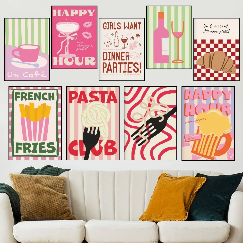 Cartoon Food Fries Drink Coffee Pink Poster Home Prints Wall Decoration Living Room Painting Bedroom Office