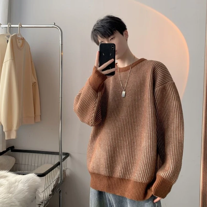 Autumn Winter New Fashion Round Neck Long Sleeve Striped Sweaters Men's Clothing Casual All-match Warm Simplicity Knitting Tops