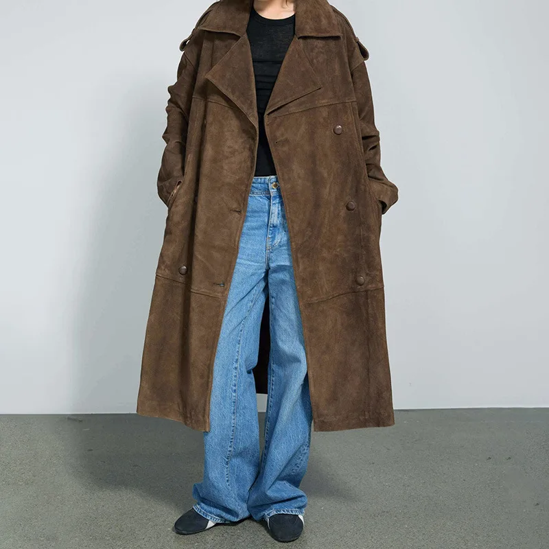 

Women's Brown Lapel Long Coat With Belt 2024 Autumn Vintage Full Sleeved Oversized Overcoat Female High Street Outwear Trench