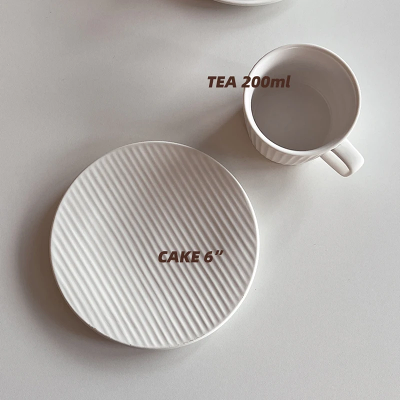 200ML Japanese Milk White Matte Coffee Cup Dish Solid Striped Latte Cup Cake Plate Household Afternoon Tea Cup And Saucer Set