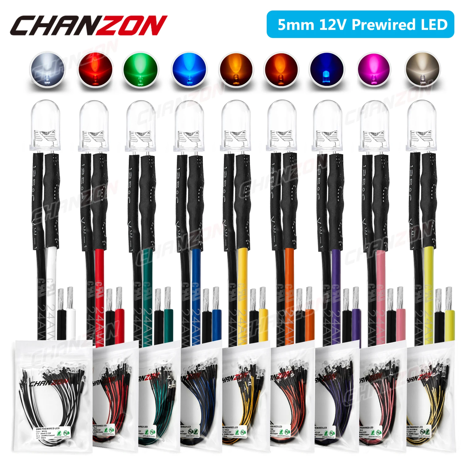 

5mm Prewired LED Kit Light Emitting Diode DC 12V Warm White Red Green Blue Yellow Orange UV Pink Pre Wired Cable Lamp Bulb Set