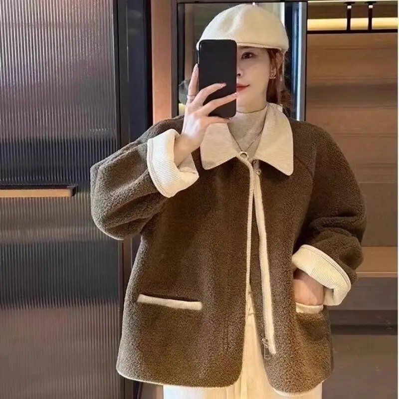 

Женское зимнее пальто больших размеров, женское дубленка контрастного цвета с лацканами, европейский стиль, осень-зима, новая свободная короткая куртка