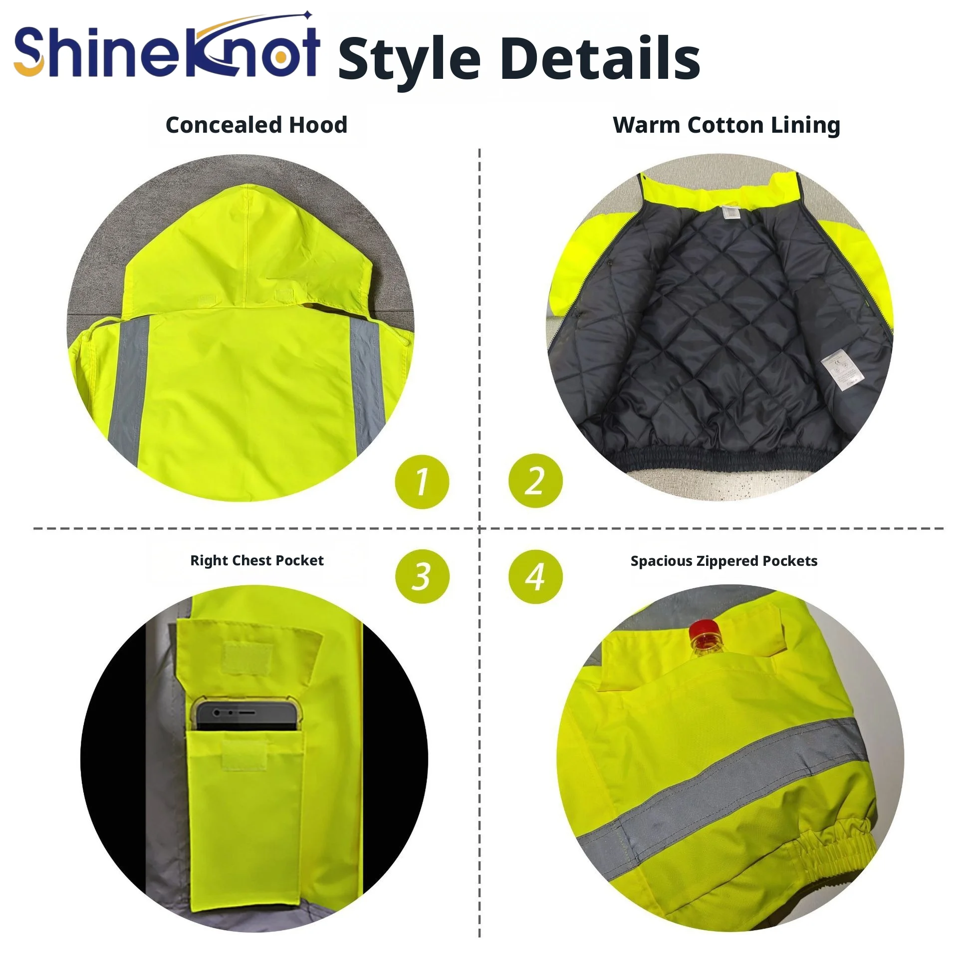SHINEKNOT Winter Reflective Clothing Multi Pocket Reflective Cotton Jacket Long Sleeved Waterproof Reflective Jacket