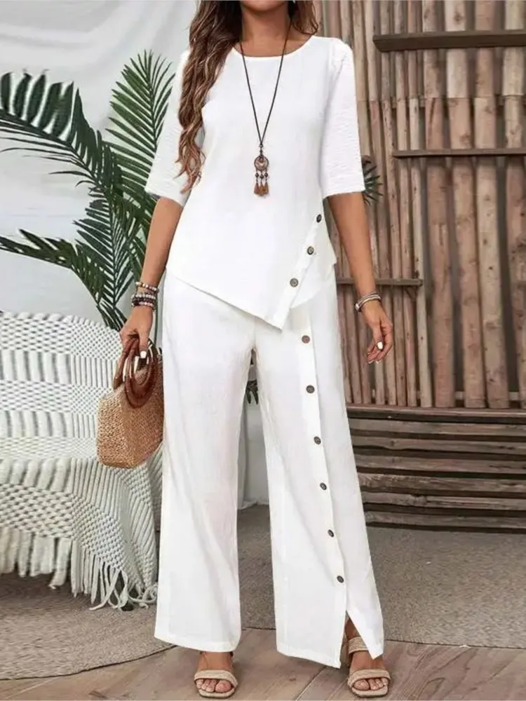 

Fashion Solid Set Lady Casual Button Long Sleeve O Neck Tops+High Waist Wide Leg Pants 2 Piece Sets For Women Holiday Office New