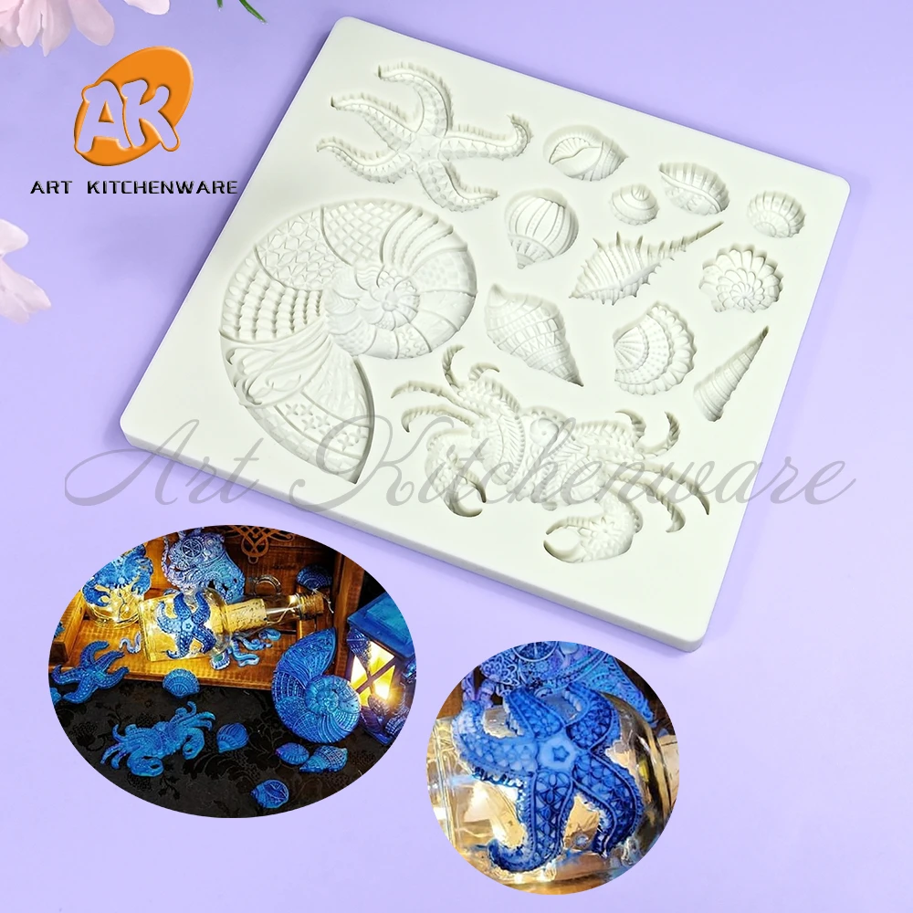 Marine Animal Relief Silicone Mold Shell/Crab/Starfish Chocolate Fondant Cake Mould DIY Resin Clay Gypsum Model Home Decoration