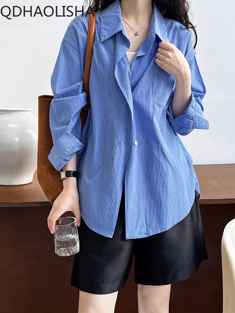 

Women's Shirt Jacket Spring New in Loose Long Sleeved Top Lapel Stripes Blouse Women's Korean Fashion Casual Commuting Clothes