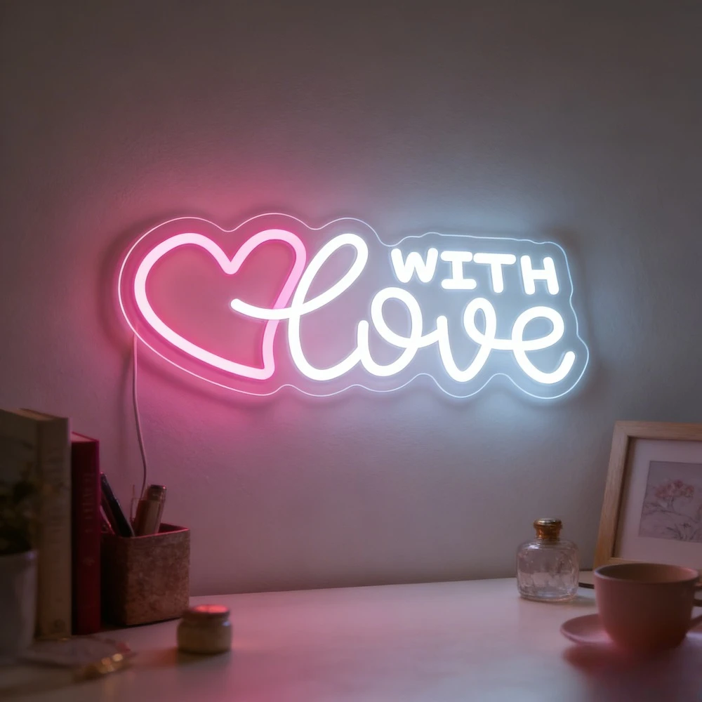 With Love Neon Sign Dimmable LED USB Wall Light for Bedroom Wedding Romantic Setup Valentine Gift Boutique Hotel Cafe Wall Decor