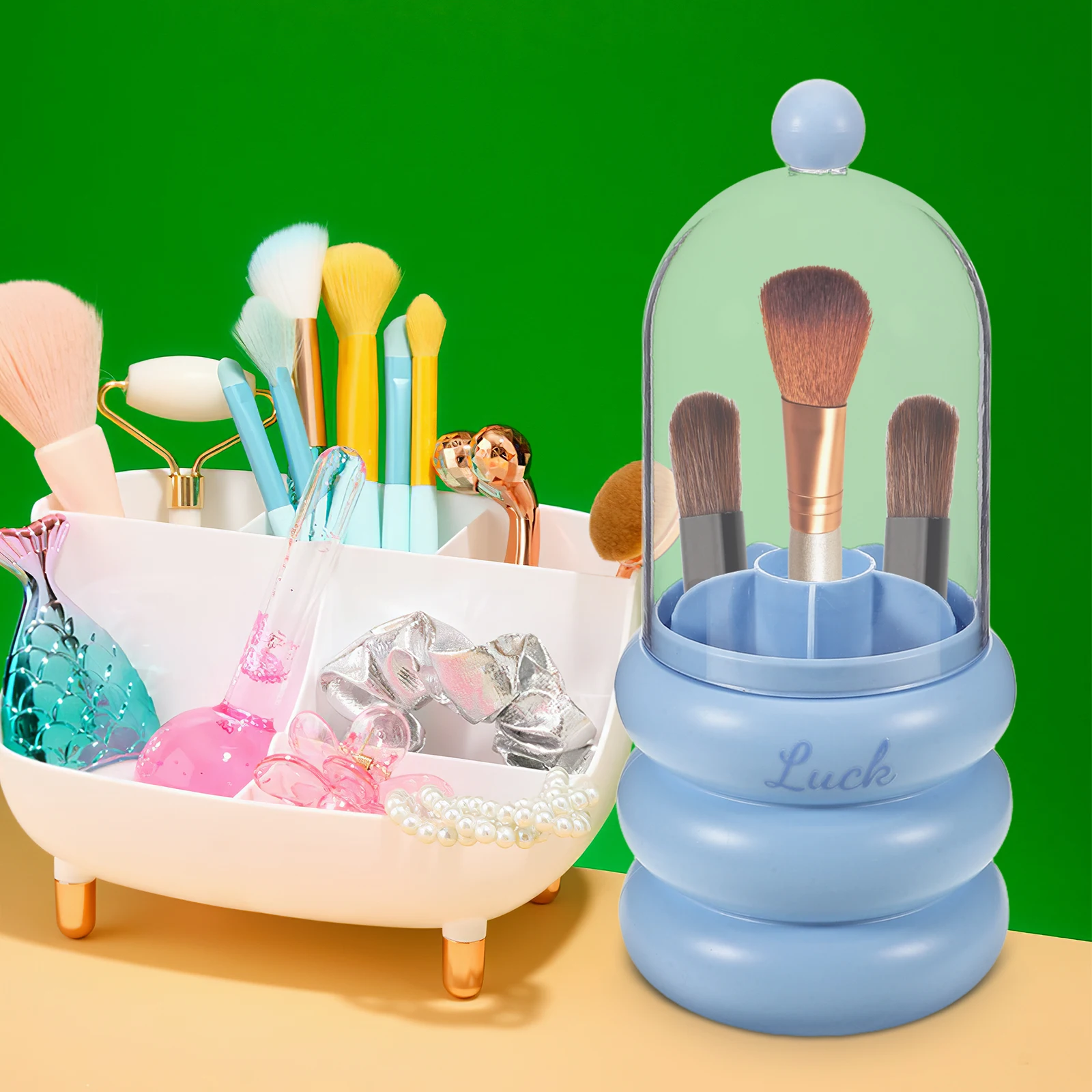 Rotating Makeup Brush Organizer Clear Lid Vanity Holder Large Capacity Storage Cup Multifunctional Beauty Tool Case For