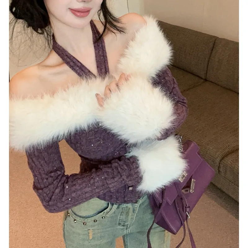 

Женский повседневный и модный дизайнерский вязаный свитер с меховым воротником и открытыми плечами, облегающая футболка с внутренней стороны, топ