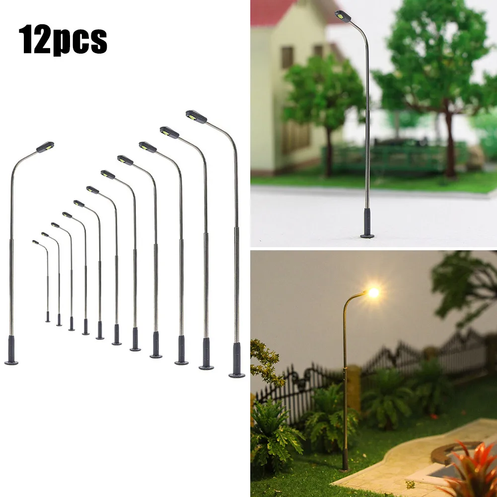 12pcs Warm White LED Lamp Post Street Light Single Head 14cm Metal Model Railway Train Layout Scenery Building Decoration Parts
