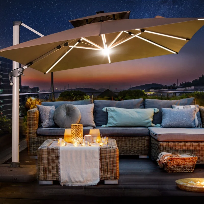 2026 hot sales Custom Logo Weatherproof Commercial Patio 360 Degree Rotating Light Emitting Diode Sun Umbrella Garden