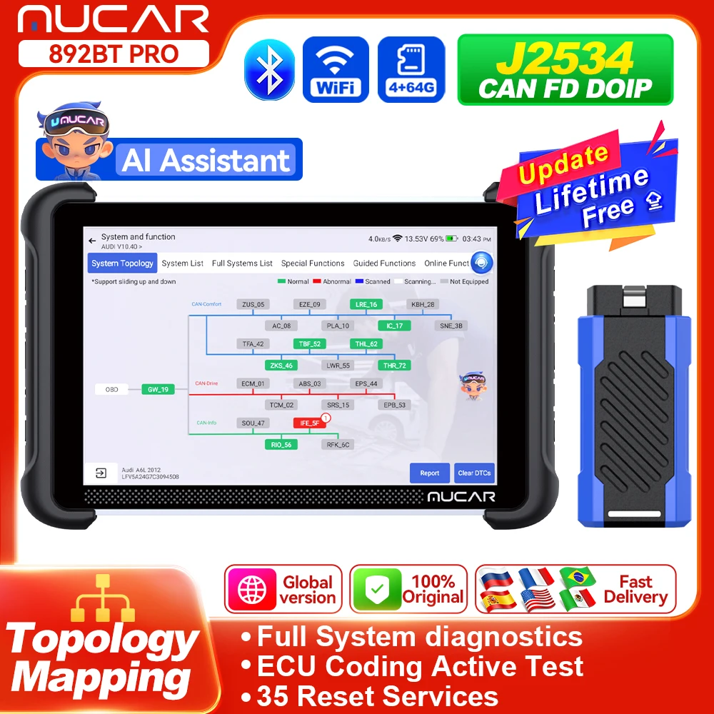 MUCAR 892BT PRO Car Diagnostic Tools OBD2 Scanner J2534 CANFD DOIP Protocol Topology Mapping Lifetime Free Update 35 Reset