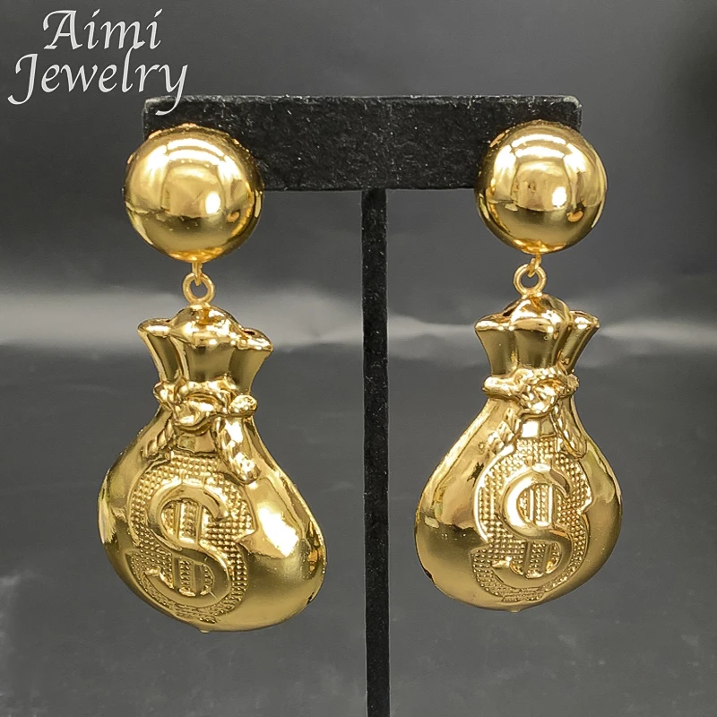 Pendientes de gota grandes chapados en oro para mujer, en forma de bolsa de monedas, regalos de boda de fiesta Vintage de cobre, conjuntos de joyas africanas italianas