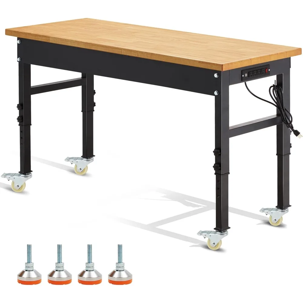 Bancada de trabalho ajustável de 60 ", mesa de trabalho resistente com tomada de energia e rodas, bancada de trabalho superior de madeira de borracha de grande capacidade de carga