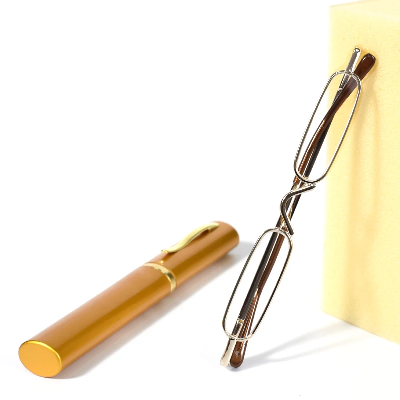 Goldrahmen Mini-Stiftetui Lesebrille Damen Herren Tragbare Alterssichtbrille mit Box Brillengeschenk für Eltern +1,0 +1,5 +2,0