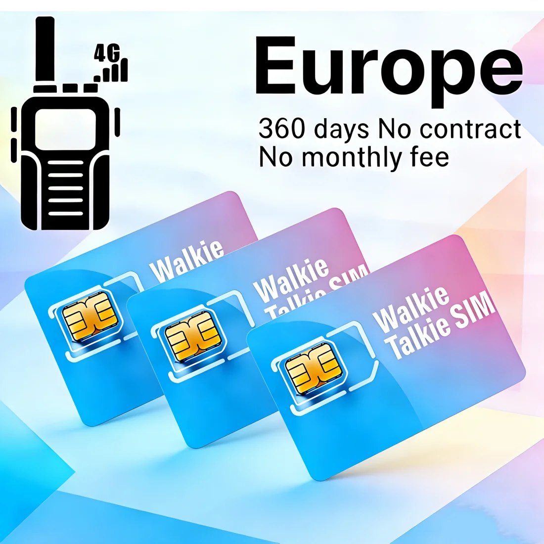 Carte SIM globale 4G LTE pour talkie-walkie PTT en Europe – Sans contrat, 1 Go/360 jours, carte SIM 3-en-1 pour radios PTT K500, etc.