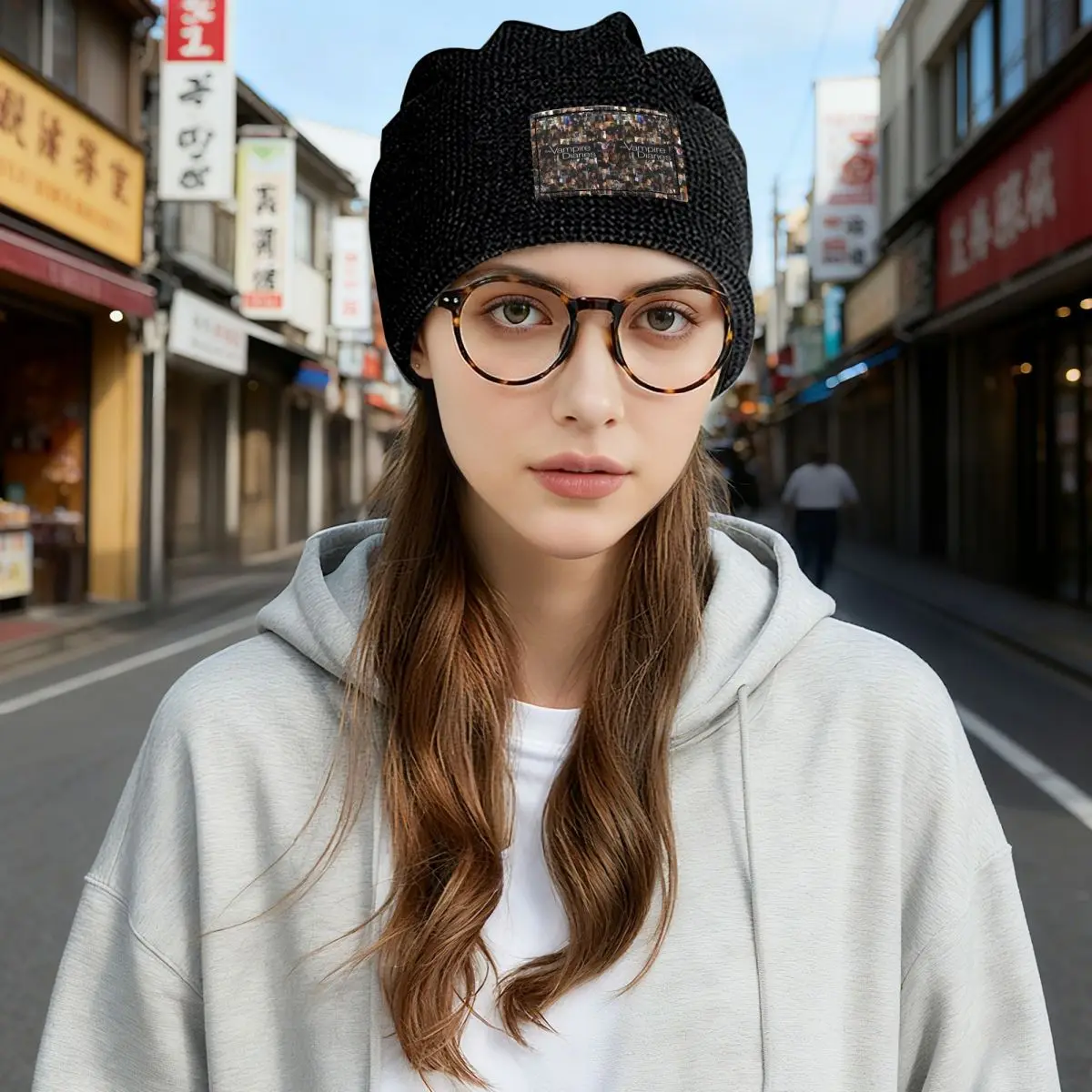 The Vampire Diaries Damon Salvatore Waffle Knit Fleece Lined Beanie with PU Leather Patch Unisex Warm Winter Soft Cap