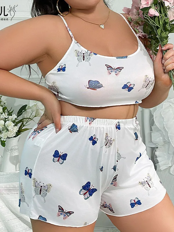 High Quality New Women's Stylish Plus Size Pajamas Butterfly Tank Tops Print Shorts Set Hot Sexy Korean Women 3XL 4QN5