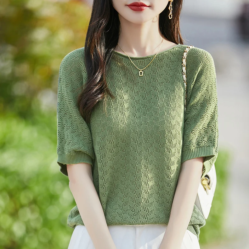 100% cotton ladies spring and summer comfortable round neck advanced design half sleeve pullover short sleeve blouse.