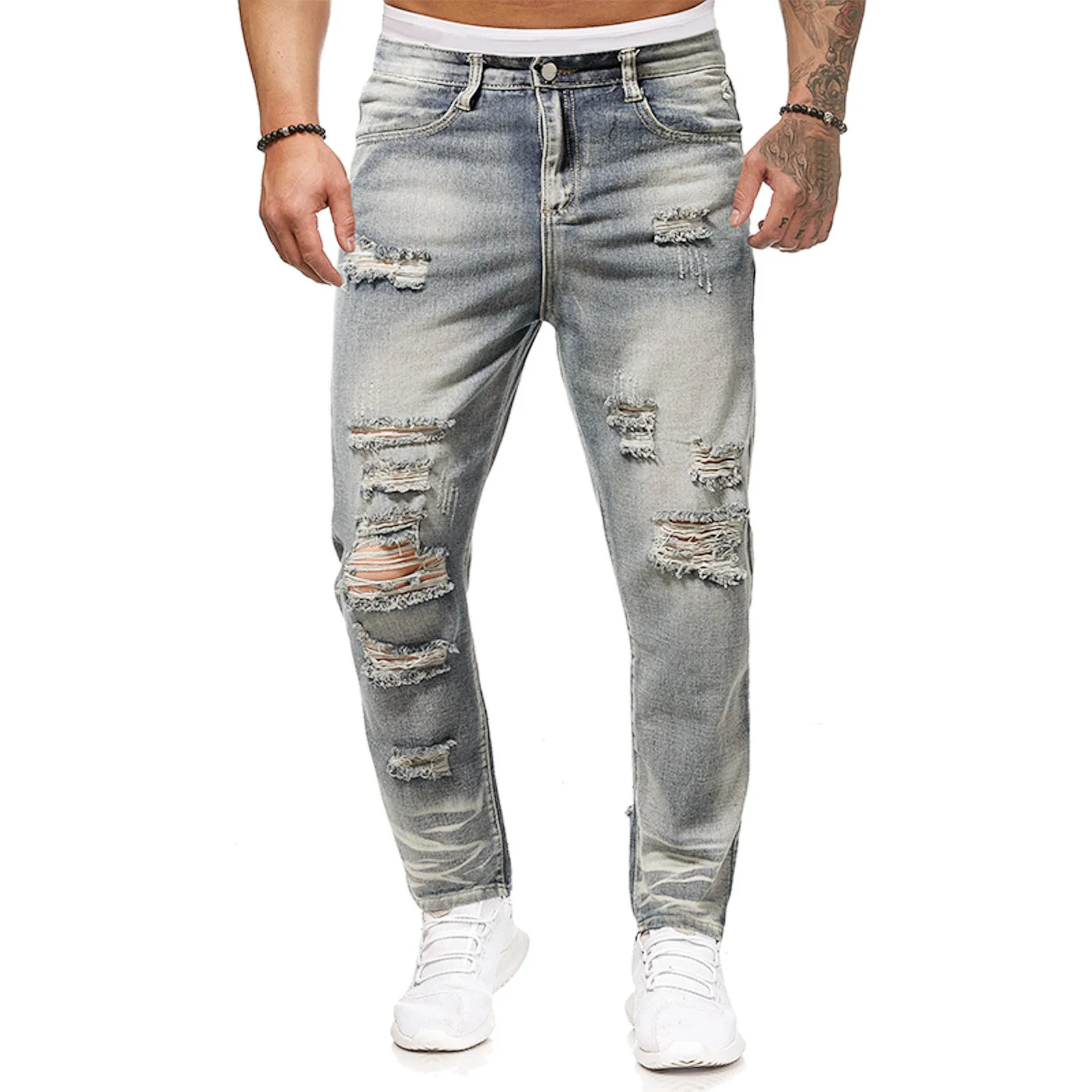 Mens Fashion Casual Straight Hole Buckle Zipper Middle Waist Denim Long Pants Trousers Jean's for Men