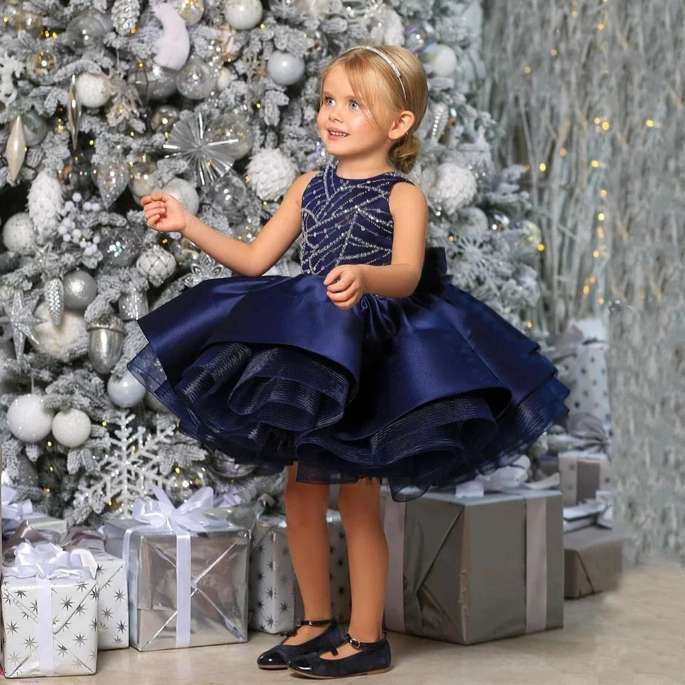 

Brown Flower Girl Dress for Wedding Bowknot Beading Satin Sleeveless Knee Length Kids Birthday First Communion Gown Customized