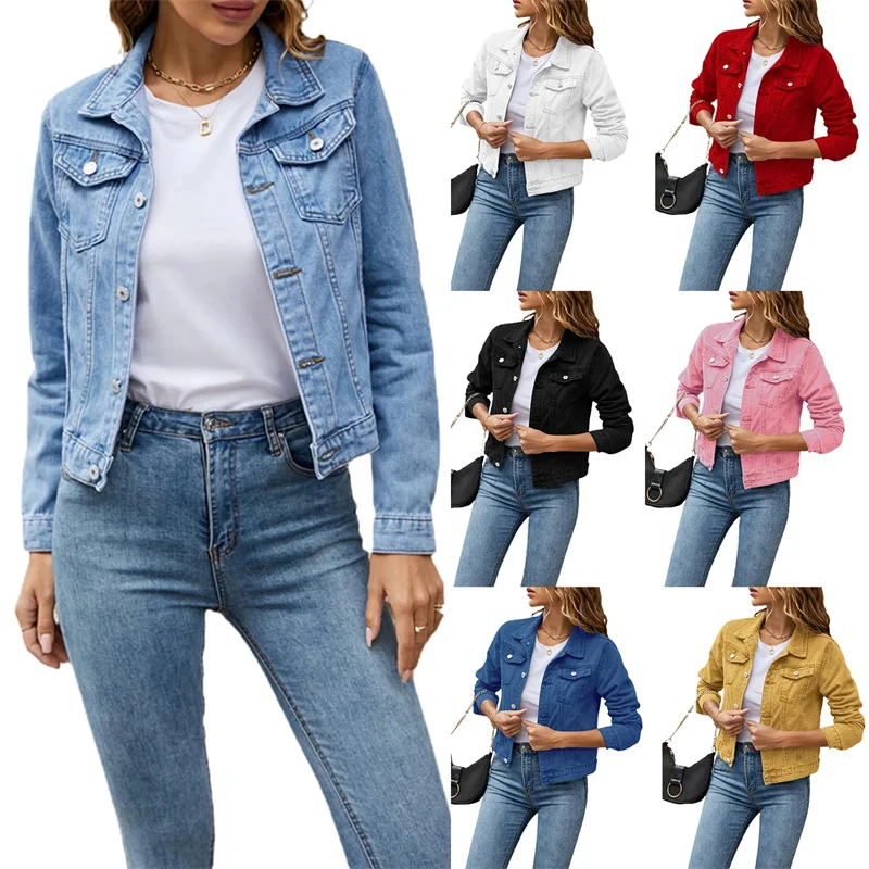 

2023 Women's Short Denim Jackets Fashion Female Casual Long Sleeve Lapel Solid Button Pocket Slim Jean Jacket Fall Winter Coat