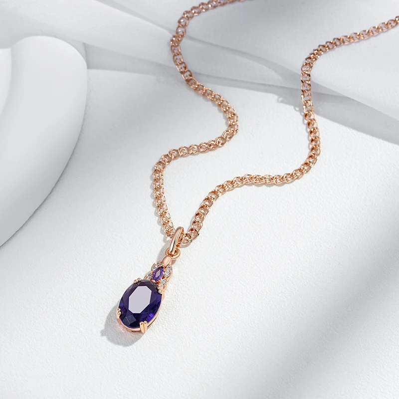 Kinel Sparkling Purple Oval Natural Zircon Pendant Necklace for Women 585 Rose Gold Color Pendant Vintage Party Daily Jewelry